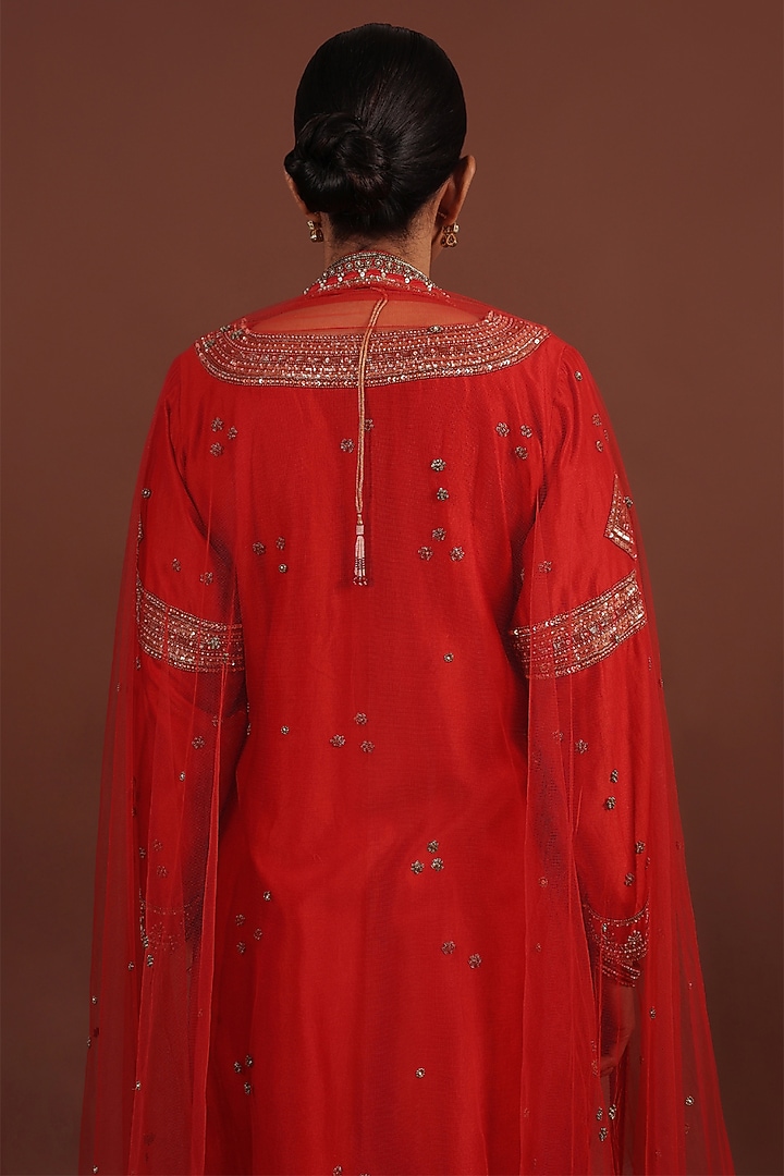 Red Silk Chanderi Hand Embroidered Kurta Set by LABEL VIDHI ANEJA at Pernia's Pop Up Shop