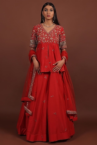 Red Silk Chanderi Hand Embroidered Lehenga Set by LABEL VIDHI ANEJA