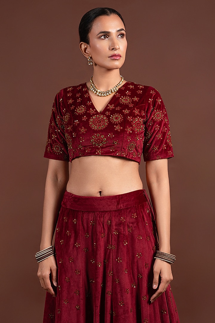 Maroon Velvet Hand Embroidered Wedding Lehenga Set by LABEL VIDHI ANEJA at Pernia's Pop Up Shop