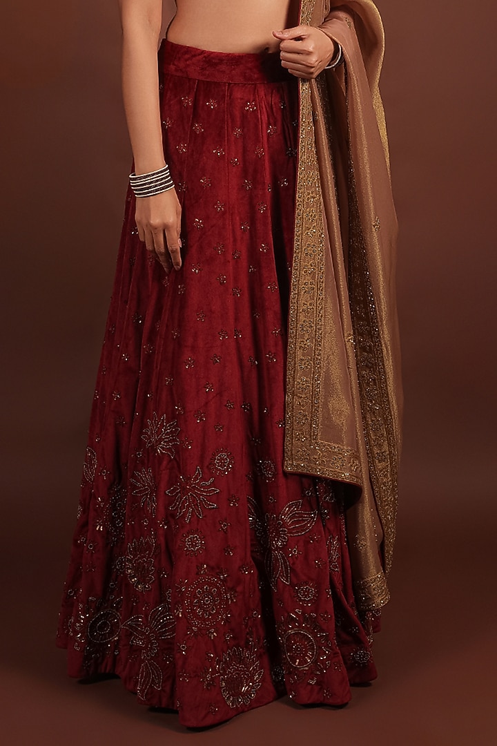 Maroon Velvet Hand Embroidered Wedding Lehenga Set by LABEL VIDHI ANEJA at Pernia's Pop Up Shop