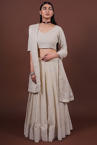 Ivory Cotton Silk Bead Hand Embroidered Lehenga Set by LABEL VIDHI ANEJA