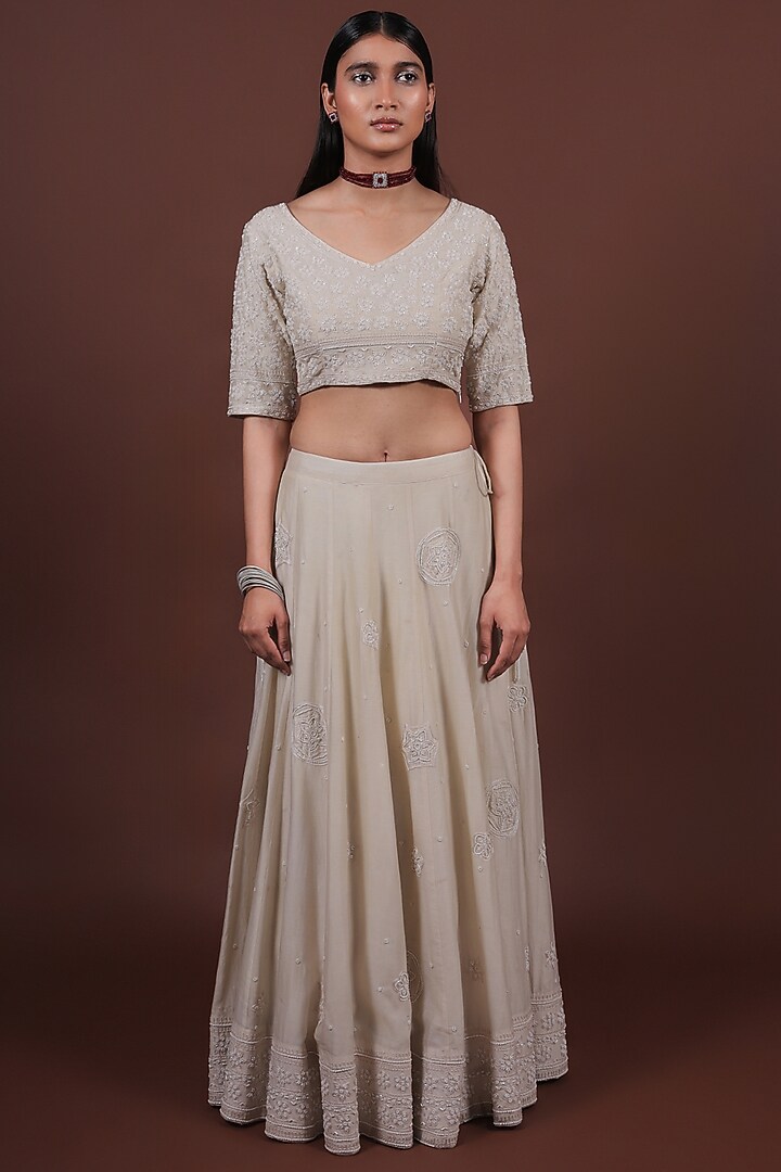 Ivory Cotton Silk Bead Hand Embroidered Wedding Lehenga Set by LABEL VIDHI ANEJA at Pernia's Pop Up Shop