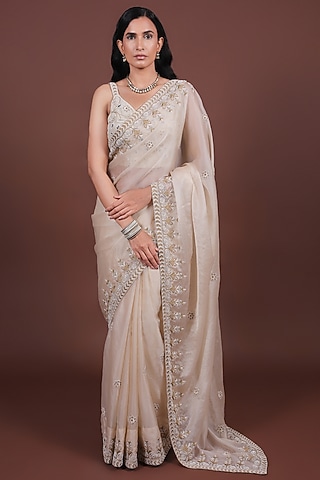 Ivory Viscose Organza Zari & Sequins Hand Embroidered Saree Set by LABEL VIDHI ANEJA