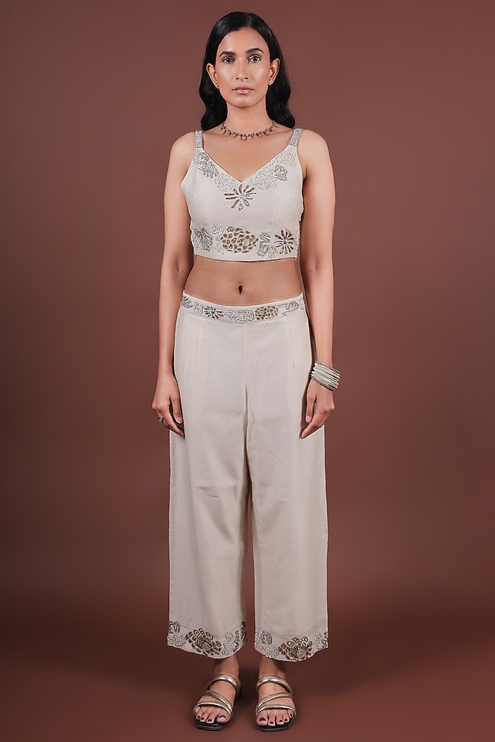 Ivory Cotton Silk Zari & Dabka Embroidered Jacket Set by LABEL VIDHI ANEJA at Pernia's Pop Up Shop