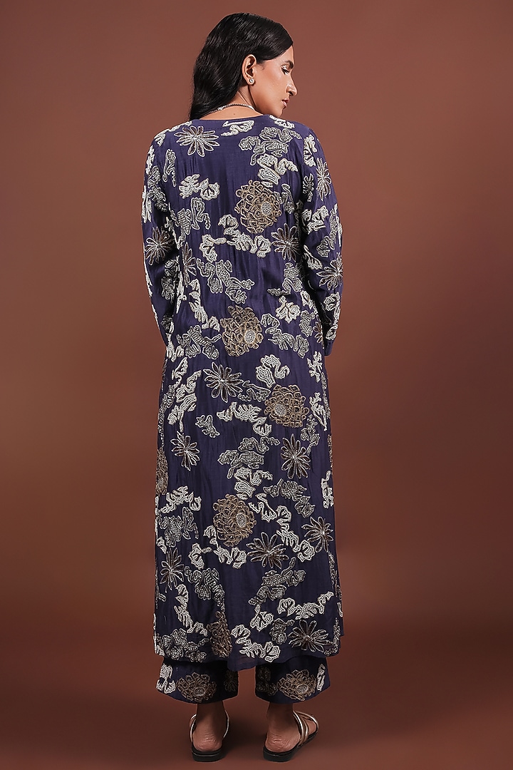 Navy Blue Cotton Silk Zari & Dabka Embroidered Jacket Set by LABEL VIDHI ANEJA at Pernia's Pop Up Shop