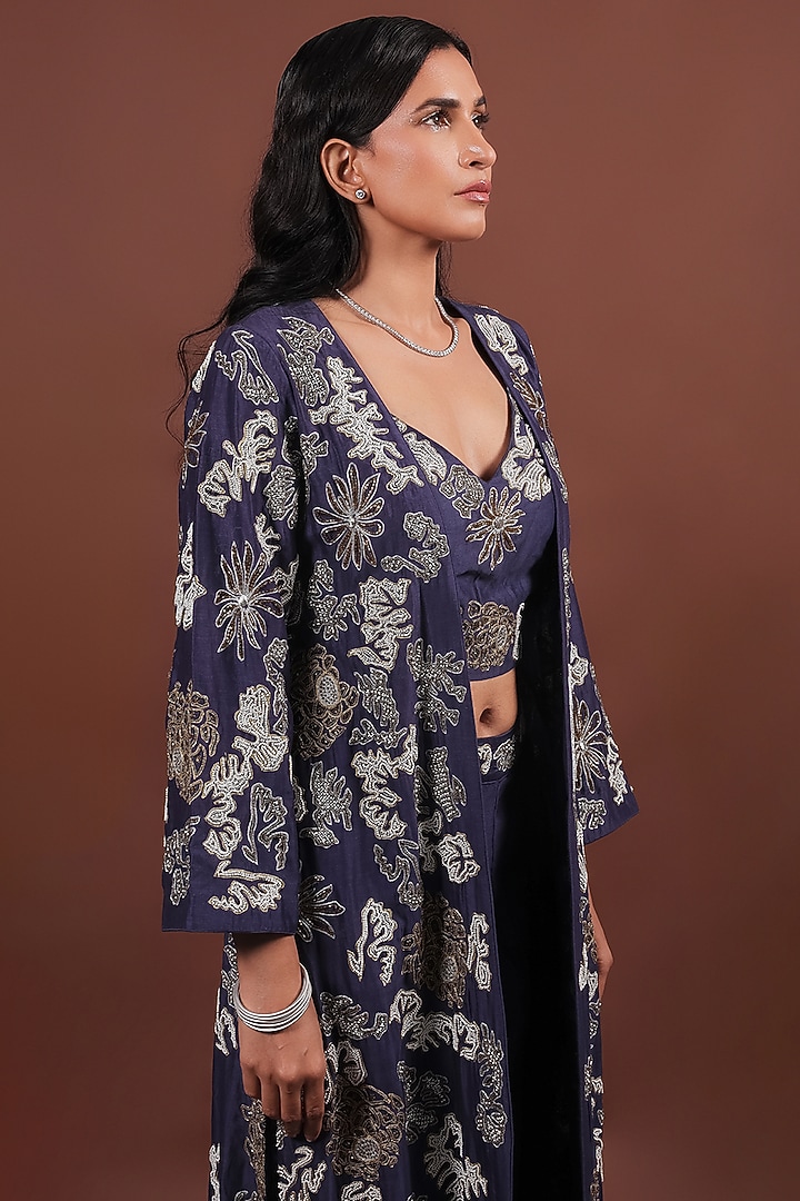 Navy Blue Cotton Silk Zari & Dabka Embroidered Jacket Set by LABEL VIDHI ANEJA at Pernia's Pop Up Shop