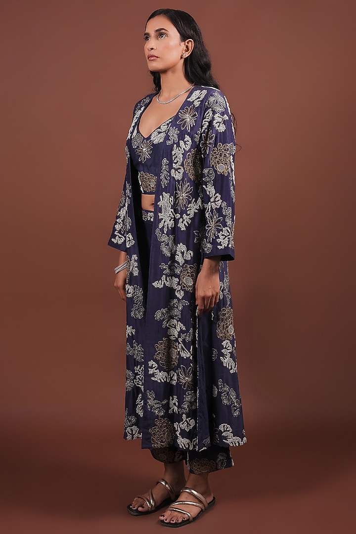 Navy Blue Cotton Silk Zari & Dabka Embroidered Jacket Set by LABEL VIDHI ANEJA at Pernia's Pop Up Shop