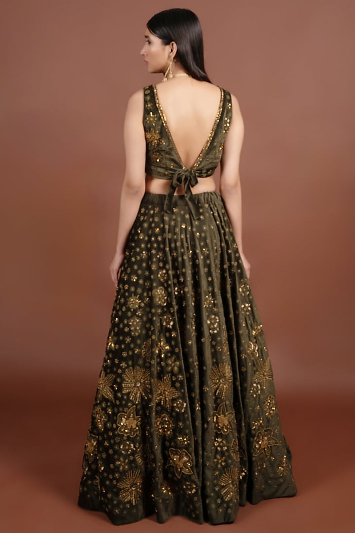 Olive Green Velvet Gota & Zari Hand Embroidered Wedding Lehenga Set by LABEL VIDHI ANEJA at Pernia's Pop Up Shop