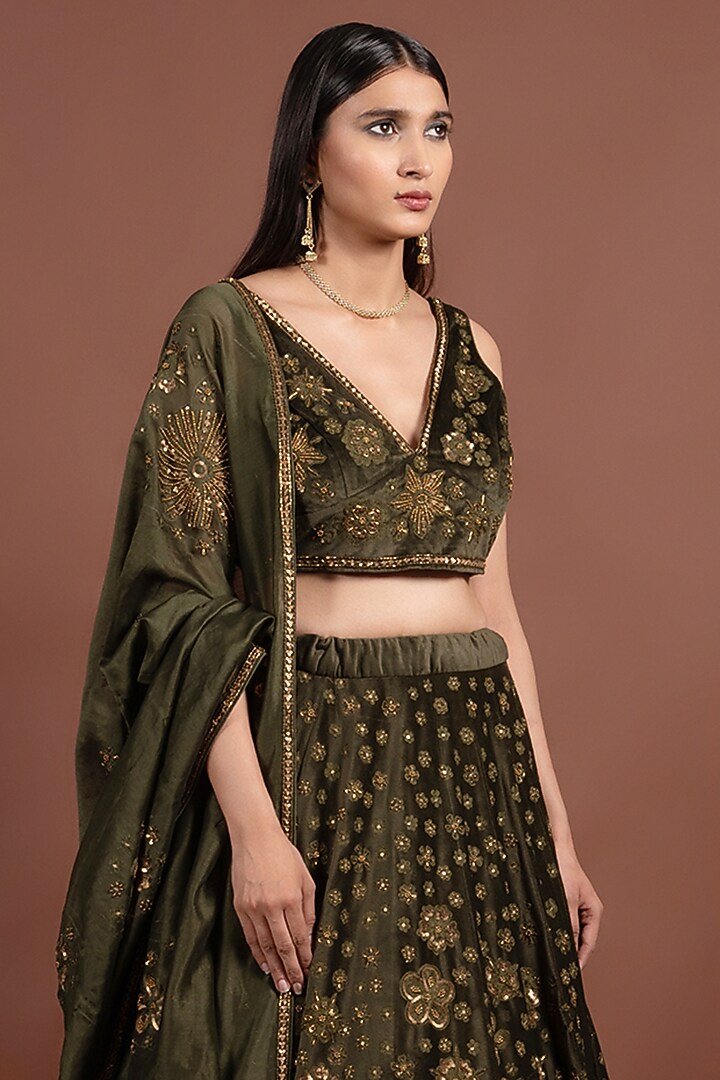 Olive Green Velvet Gota & Zari Hand Embroidered Wedding Lehenga Set by LABEL VIDHI ANEJA at Pernia's Pop Up Shop