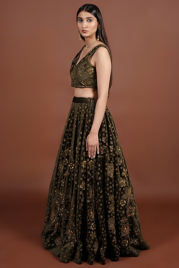 Olive Green Velvet Gota & Zari Hand Embroidered Wedding Lehenga Set by LABEL VIDHI ANEJA at Pernia's Pop Up Shop