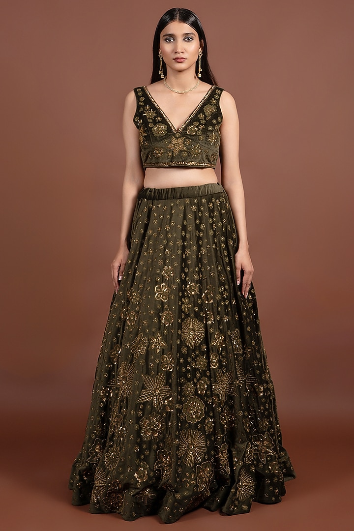 Olive Green Velvet Gota & Zari Hand Embroidered Wedding Lehenga Set by LABEL VIDHI ANEJA at Pernia's Pop Up Shop