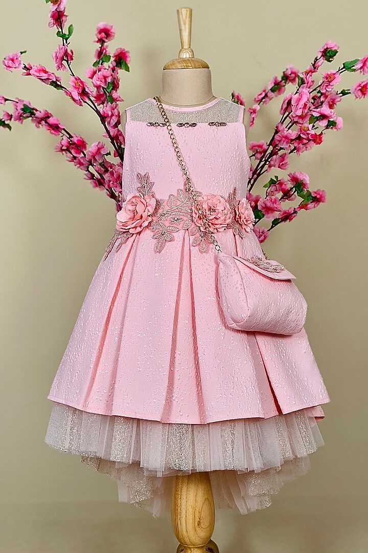 Blush Pink High-Low Dress With Bag For Girls by Little Vogue Club