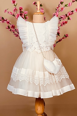 White Lace Dress With Sling Bag For Girls by Little Vogue Club