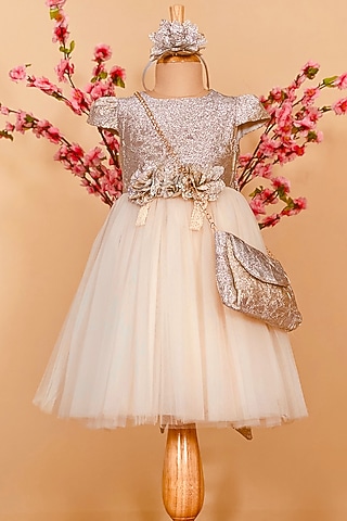 Gold Dress With Sling Bag For Girls by Little Vogue Club