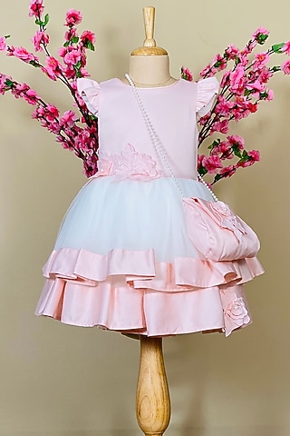 Blush Pink Dress With Sling Bag For Girls by Little Vogue Club