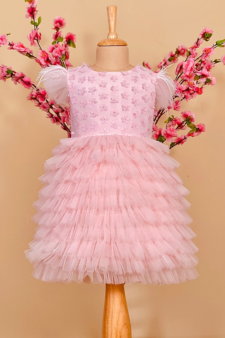 Blush Pink Cotton Polyester Dress For Girls by Little Vogue Club