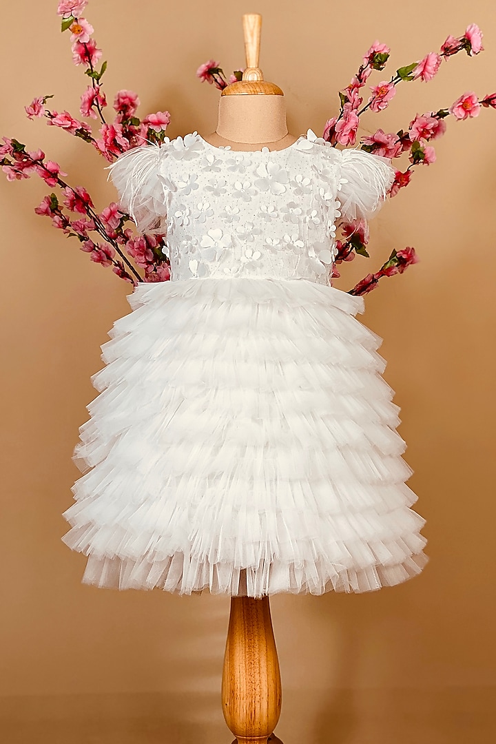 White Cotton Polyester Dress For Girls by Little Vogue Club