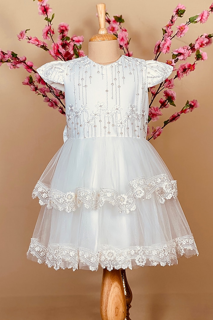 White Dress In Cotton Polyester For Girls by Little Vogue Club