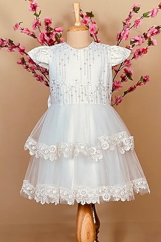 White Dress In Cotton Polyester For Girls by Little Vogue Club