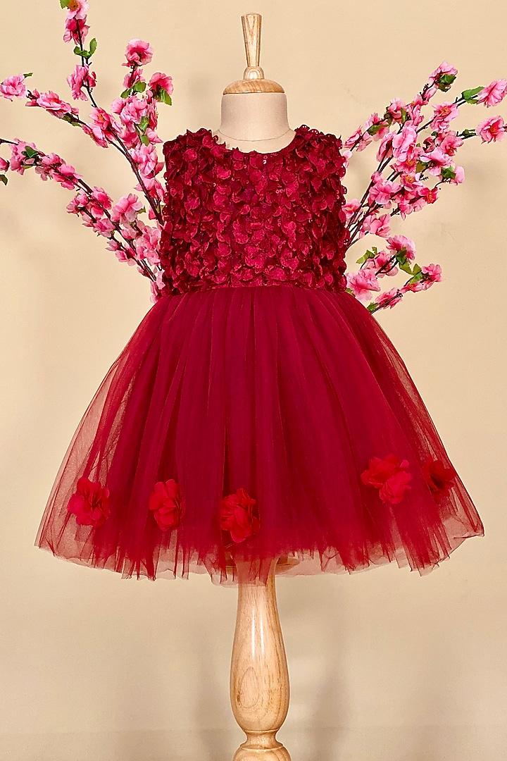 Red Dress In Cotton Polyester For Girls by Little Vogue Club