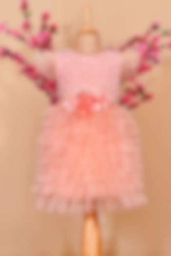 Peach Cotton Polyester Dress For Girls by Little Vogue Club