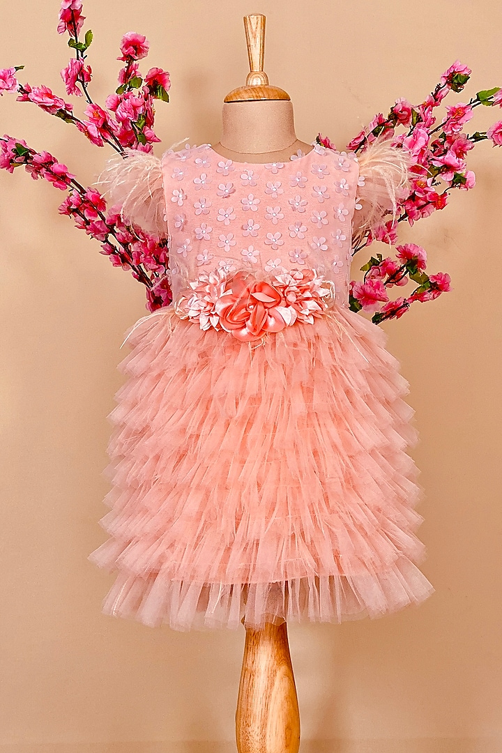 Peach Cotton Polyester Dress For Girls by Little Vogue Club