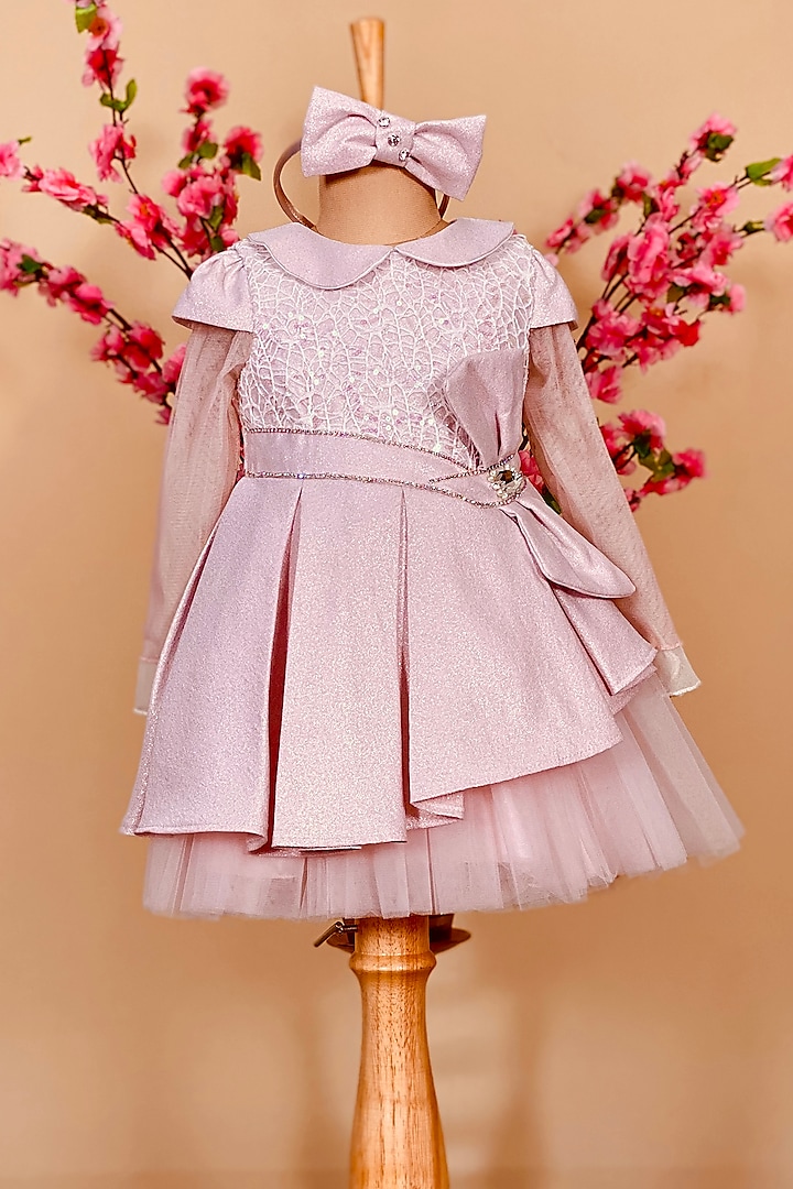 Blush Pink Dress With Headpiece For Girls by Little Vogue Club