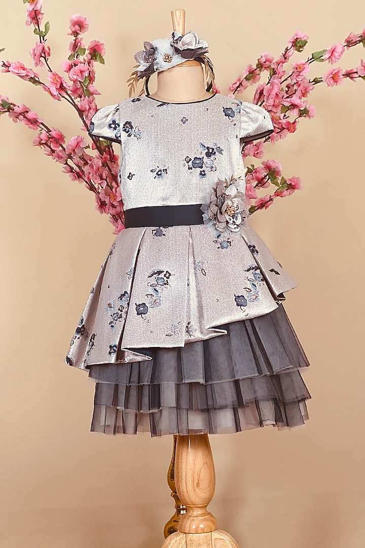 Silver Cotton Polyester Dress For Girls by Little Vogue Club