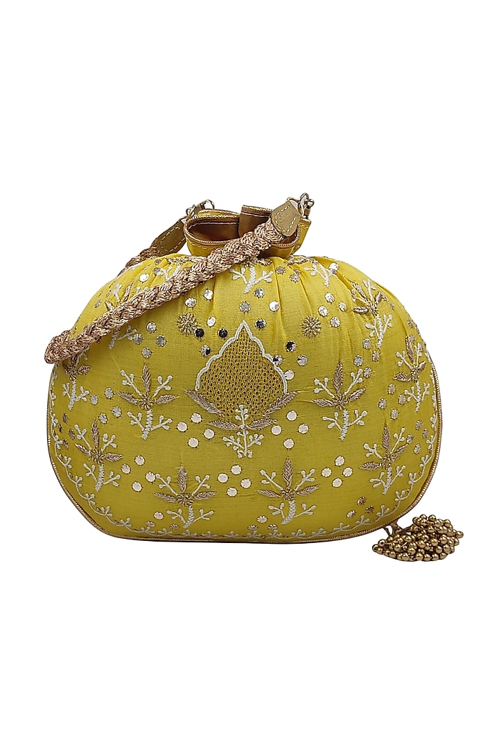 Yellow Lucknowi Chikankari Handcrafted Potli  by Lavangg