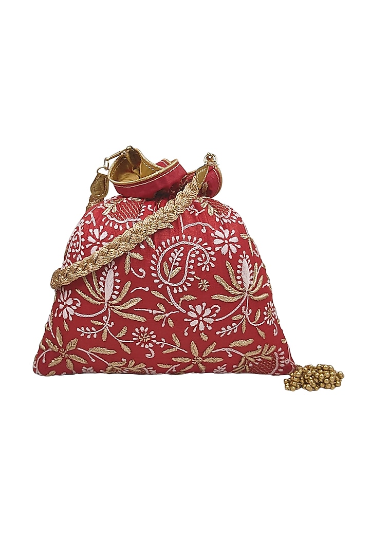 Red Lucknowi Chikankari Handcrafted Potli  by Lavangg