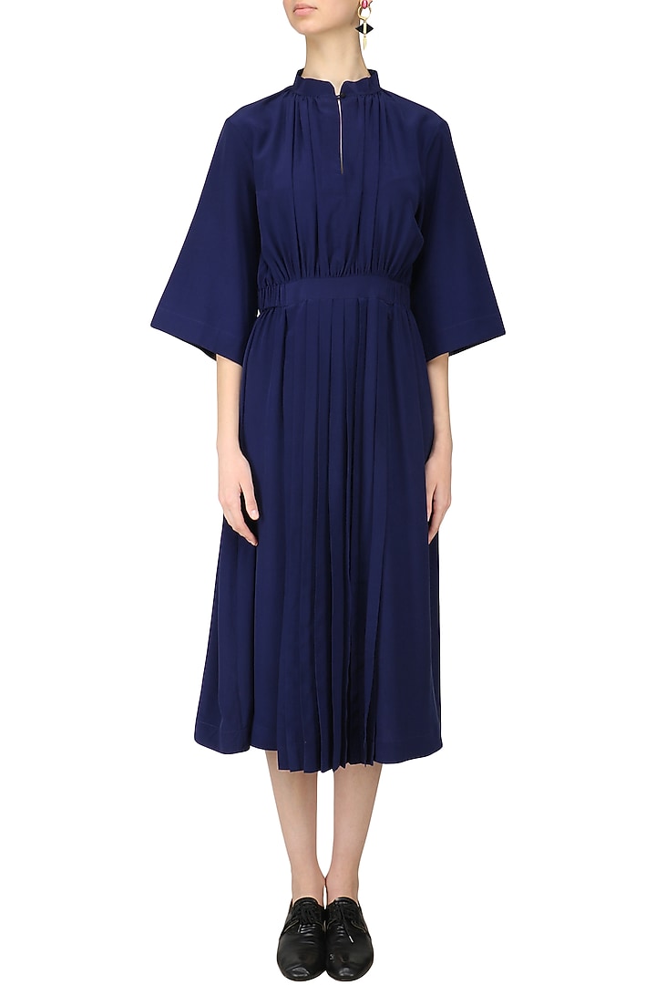 Blue front pleat gather dress available only at Pernia's Pop Up Shop.