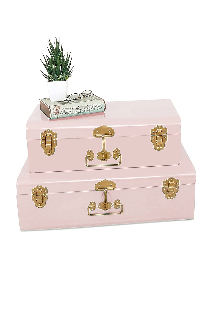 Elan Buxa Metal Trunk Set Of 2, Storage Chest (Powder Pink with Golden Accessories) by Living with Elan