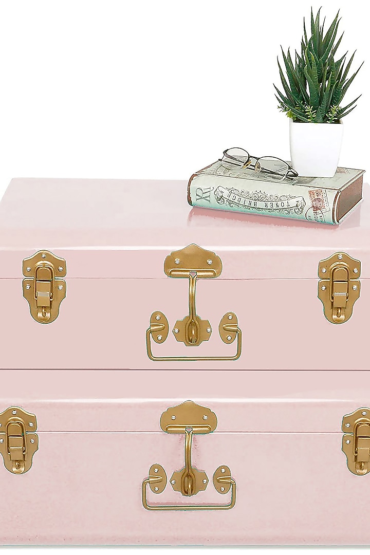 Elan Buxa Metal Trunk Set Of 2, Storage Chest (Powder Pink with Golden Accessories) by Living with Elan at Pernia's Pop Up Shop
