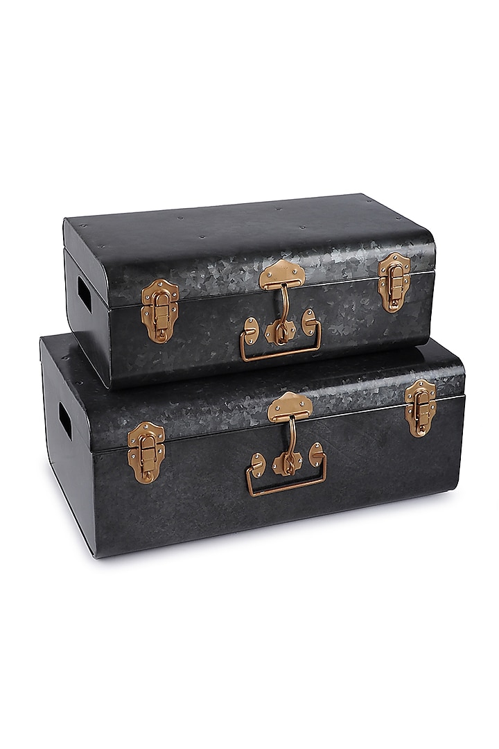 Elan Vintage Style Buxa Metal Trunk Set Of 2, Storage Chest (Antique Black with Golden Accessories) by Living with Elan at Pernia's Pop Up Shop