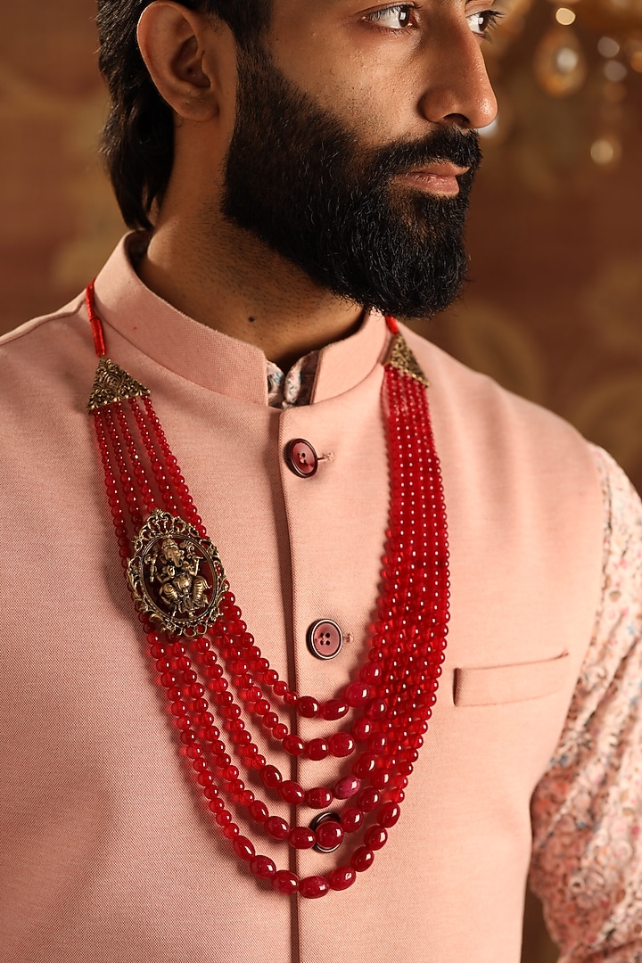 Red Rudraksha Beaded Layered Mala by Cosa Nostraa at Pernia's Pop Up Shop