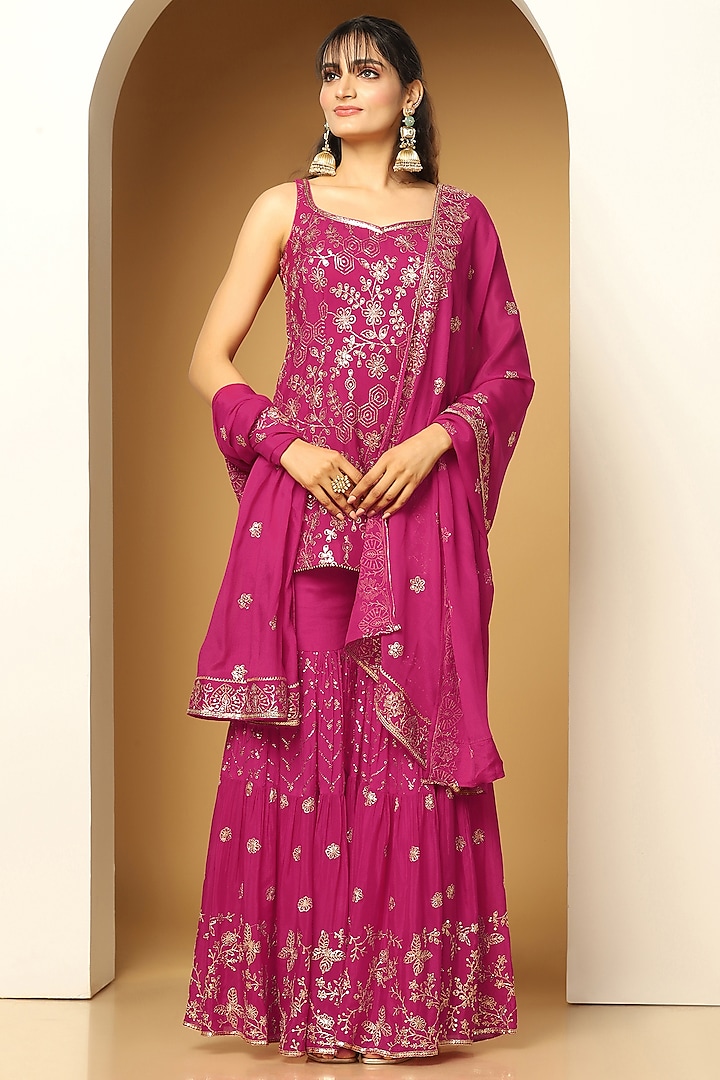 Magenta Chinon Chiffon Sequins Embroidered Sharara Set by MeenaGurnam