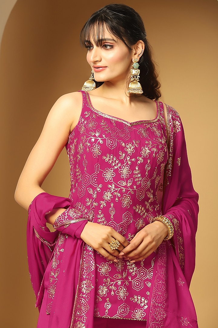 Magenta Chinon Chiffon Sequins Embroidered Party Wear Sharara Set by MeenaGurnam at Pernia's Pop Up Shop