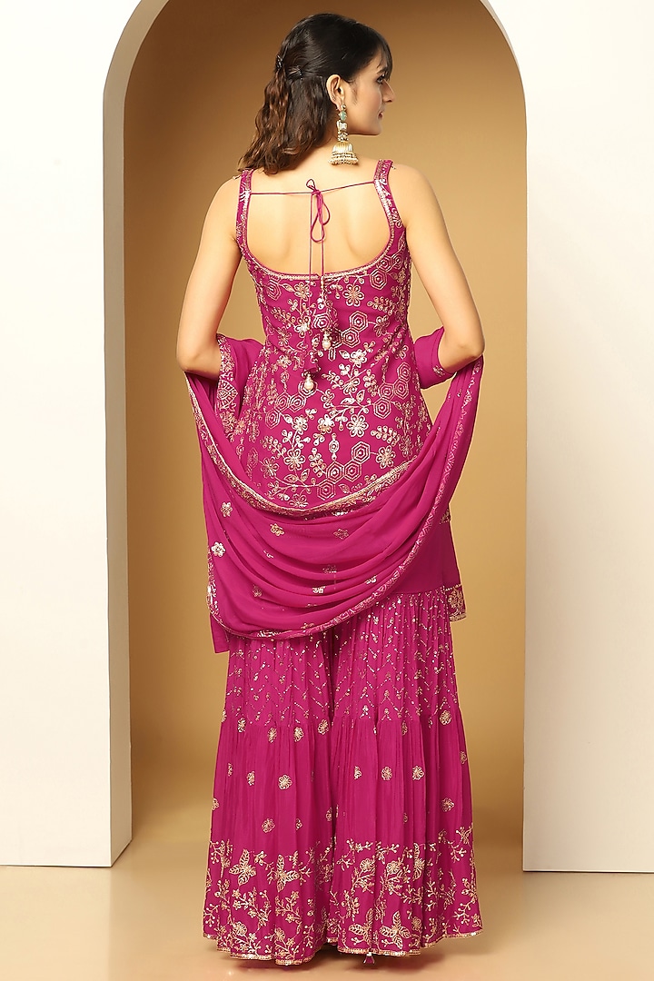 Magenta Chinon Chiffon Sequins Embroidered Party Wear Sharara Set by MeenaGurnam at Pernia's Pop Up Shop