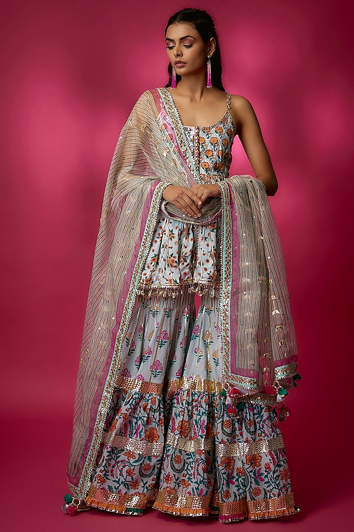 Powder Blue Silk Satin & Swiss Cotton Gharara Set by Maayera Jaipur