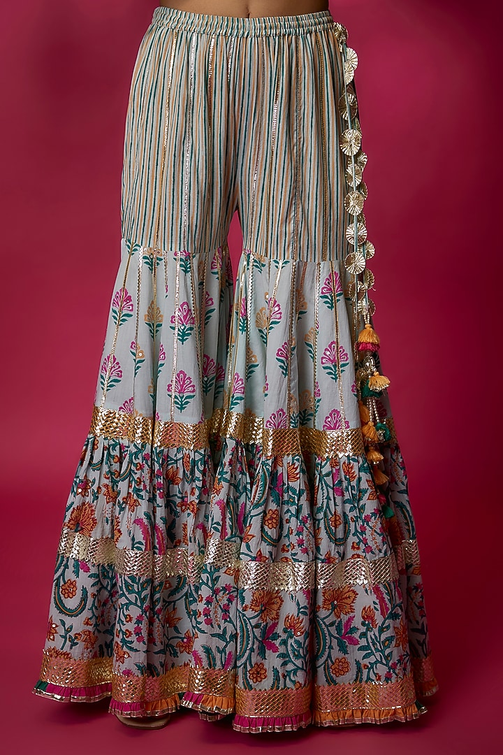 Powder Blue Silk Satin & Swiss Cotton Gharara Set by Maayera Jaipur at Pernia's Pop Up Shop