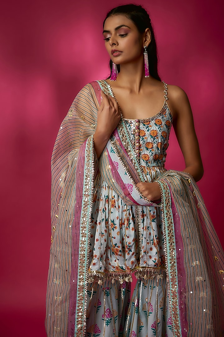 Powder Blue Silk Satin & Swiss Cotton Gharara Set by Maayera Jaipur at Pernia's Pop Up Shop