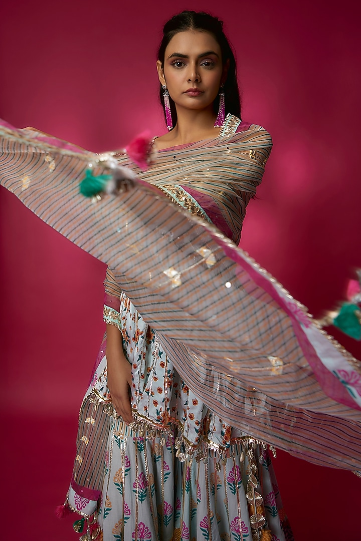 Powder Blue Silk Satin & Swiss Cotton Gharara Set by Maayera Jaipur at Pernia's Pop Up Shop