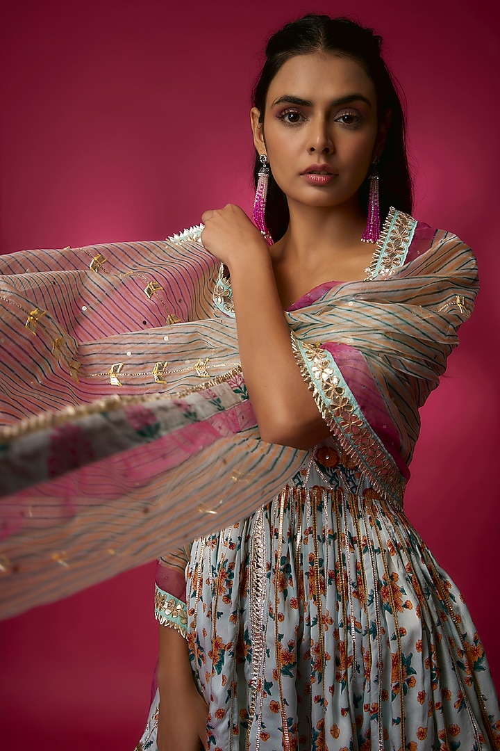 Powder Blue Silk Satin & Swiss Cotton Gharara Set by Maayera Jaipur at Pernia's Pop Up Shop