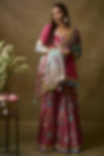 Fuchsia Silk Satin & Swiss Cotton Gharara Set by Maayera Jaipur