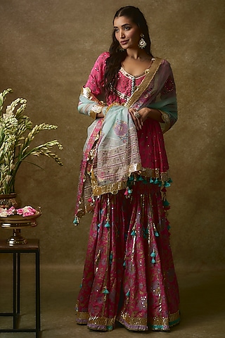 Fuchsia Silk Satin & Swiss Cotton Gharara Set by Maayera Jaipur