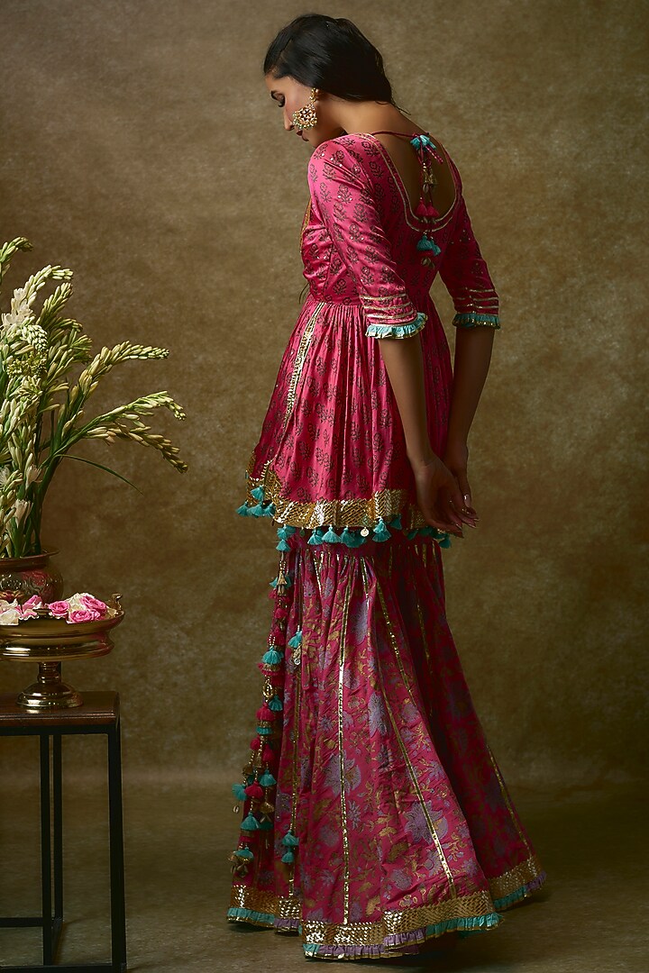 Fuchsia Silk Satin & Swiss Cotton Gharara Set by Maayera Jaipur at Pernia's Pop Up Shop