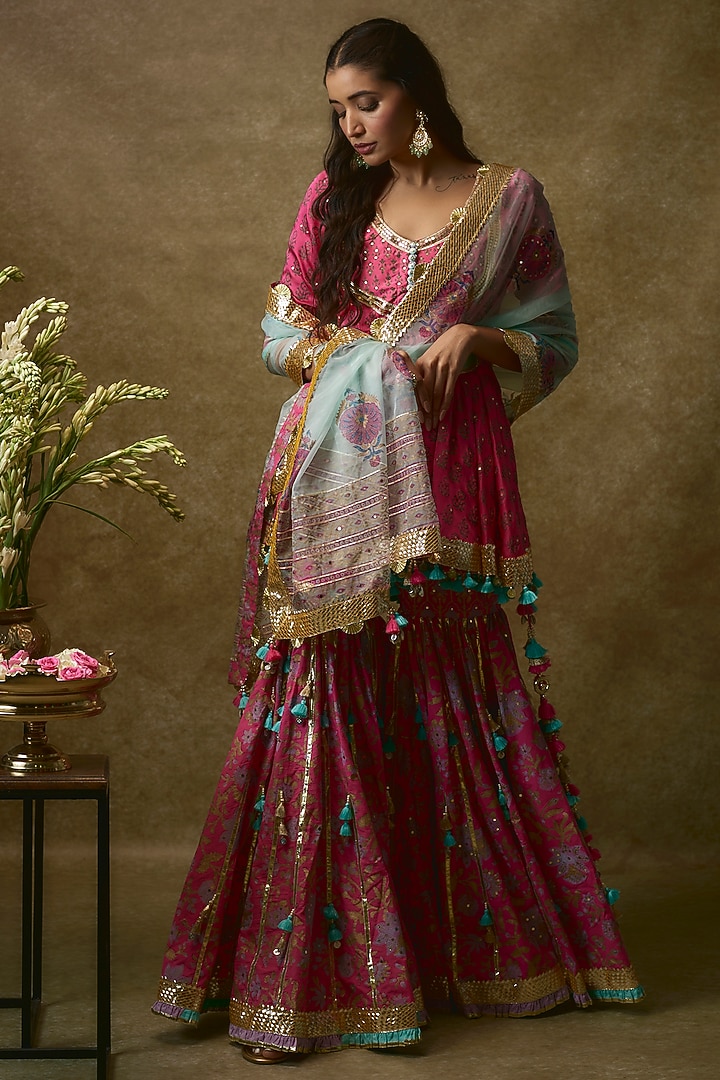 Fuchsia Silk Satin & Swiss Cotton Gharara Set by Maayera Jaipur at Pernia's Pop Up Shop