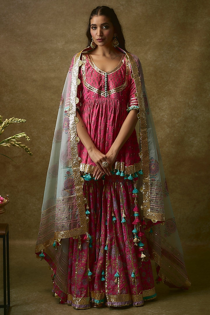 Fuchsia Silk Satin & Swiss Cotton Gharara Set by Maayera Jaipur at Pernia's Pop Up Shop