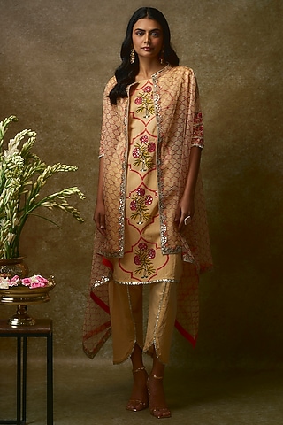 Orange Swiss Cotton & Silk Organza Kurta Set by Maayera Jaipur