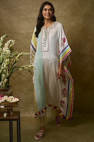 Ivory Silk Satin & Swiss Cotton Kurta Set by Maayera Jaipur